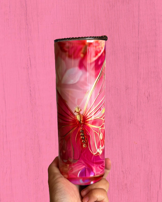 Pink & Gold Butterfly 20oz Tumbler with Decorated Lid