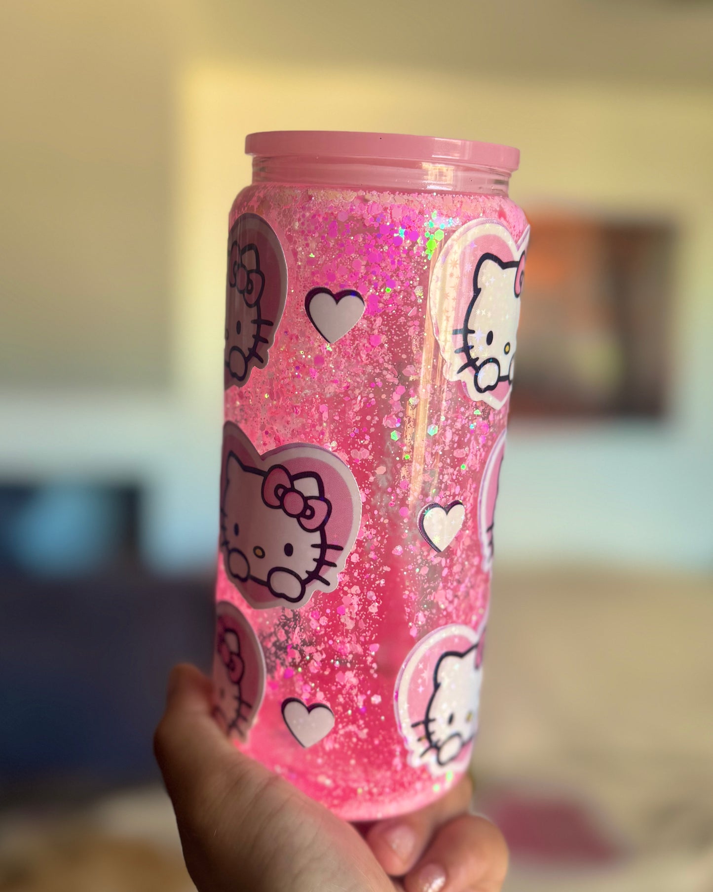 Cute Cat Pink Glitter 20oz Snowglobe Libbey Glass