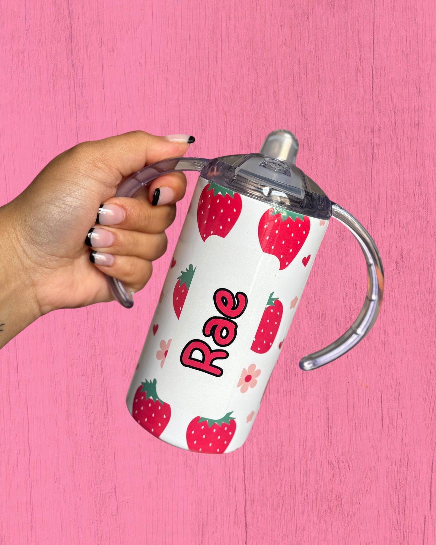 Strawberry, Flowers & Hearts 12oz Sippy Cup - Add A Name