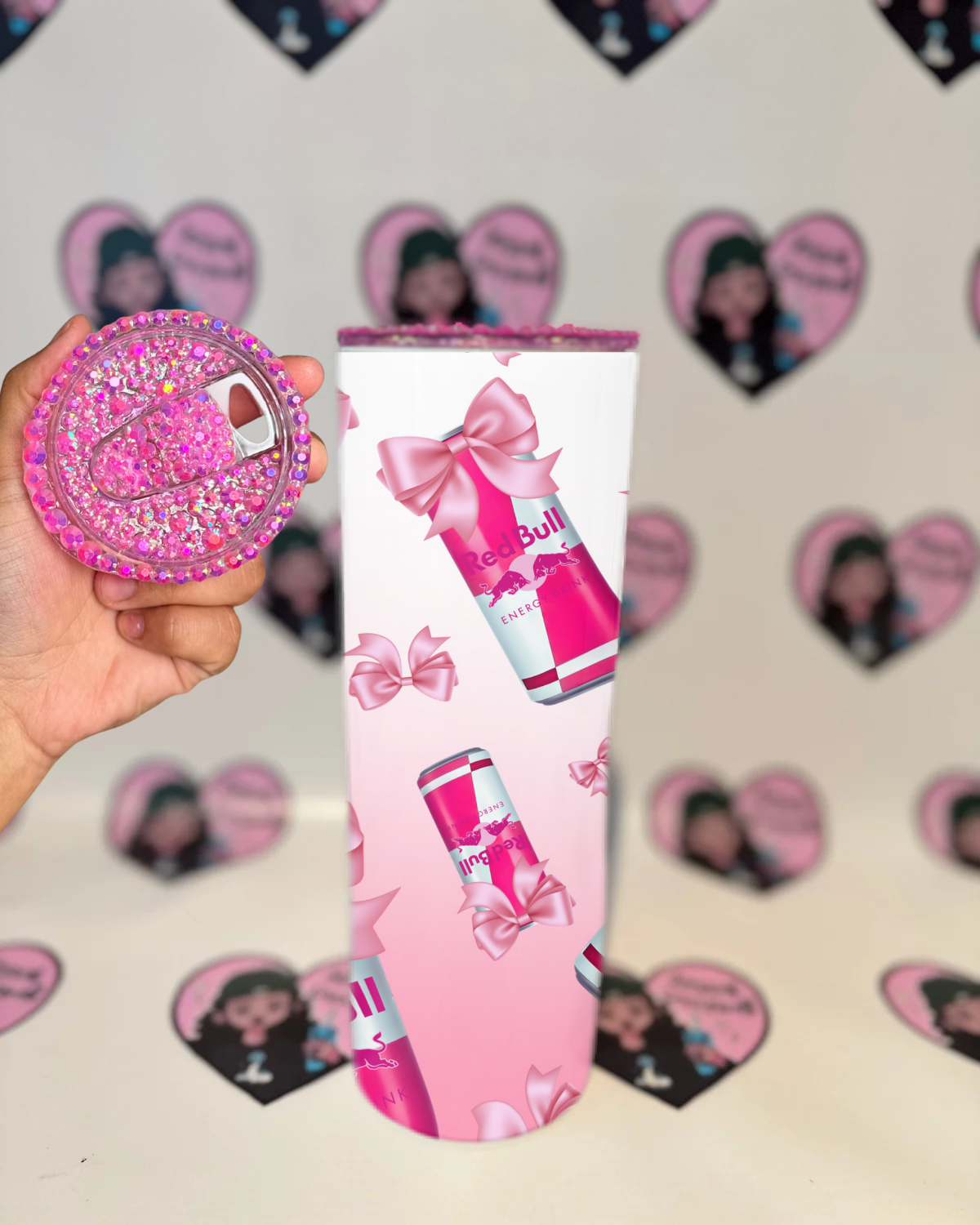 Pink Bow Redbull 20oz Tumbler with Hot Pink Rhinestone Lid