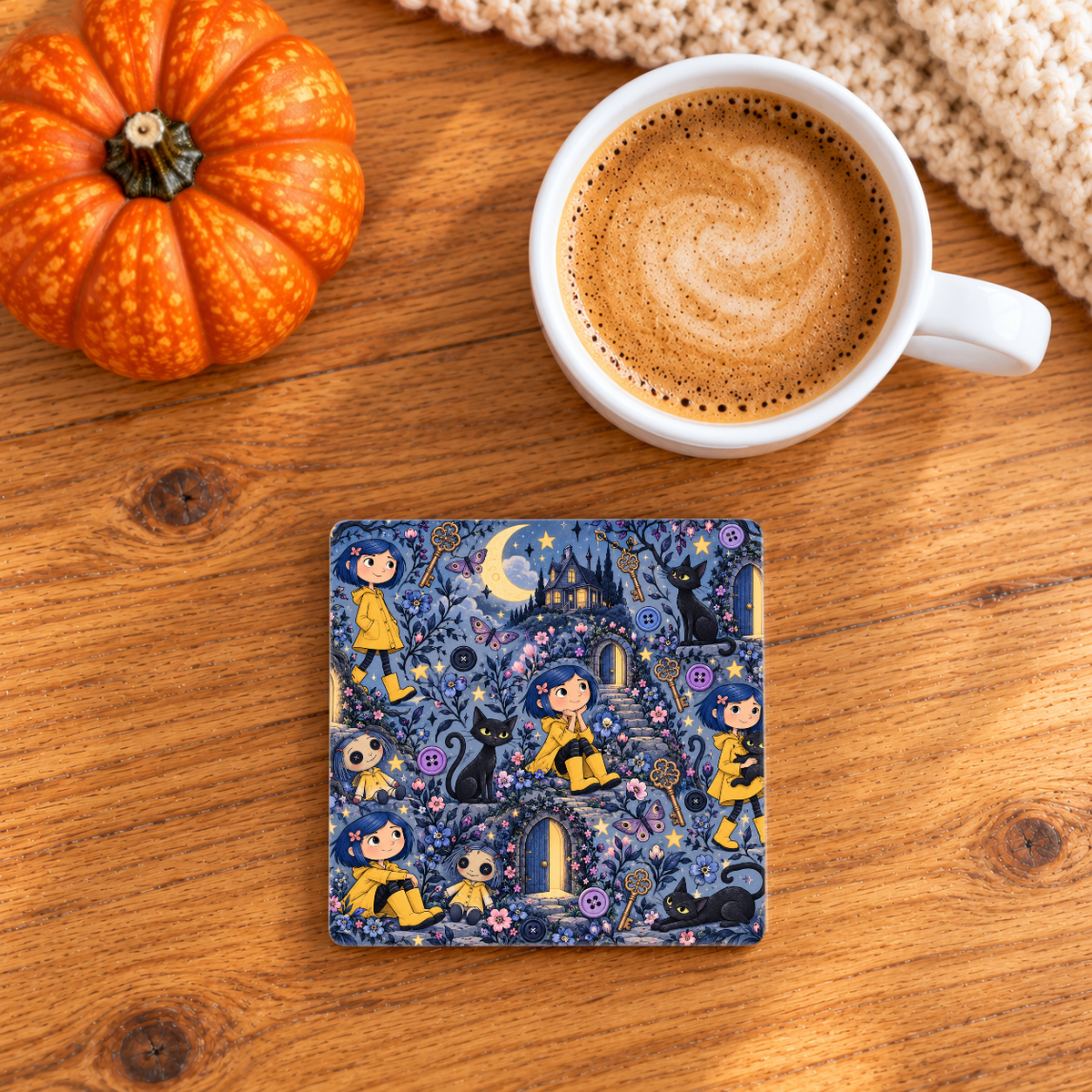 Spooky Button Eyed Girl Ceramic Coaster