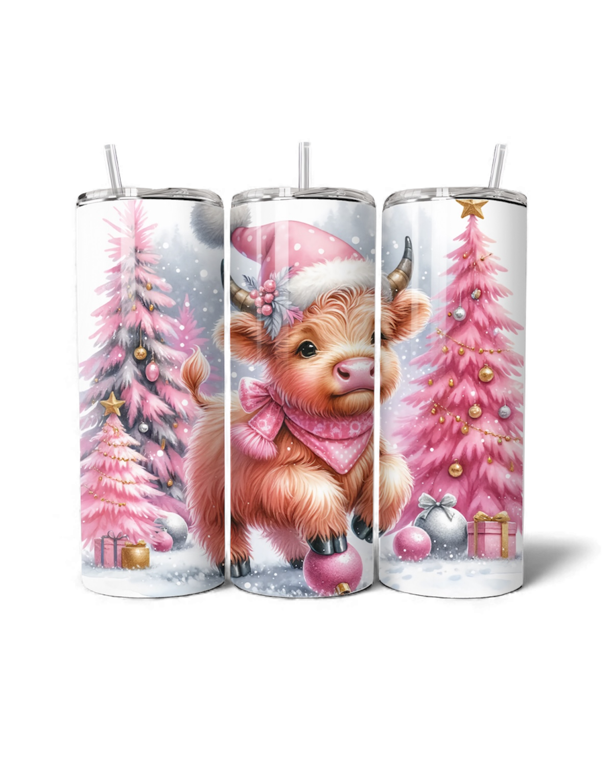 Pink Christmas Highland Cow 20oz Tumbler