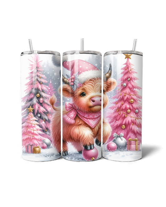 Pink Christmas Highland Cow 20oz Tumbler
