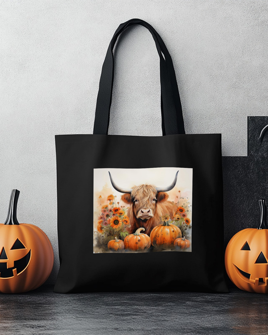 Pumpkin Highland Cow Black Tote Bag