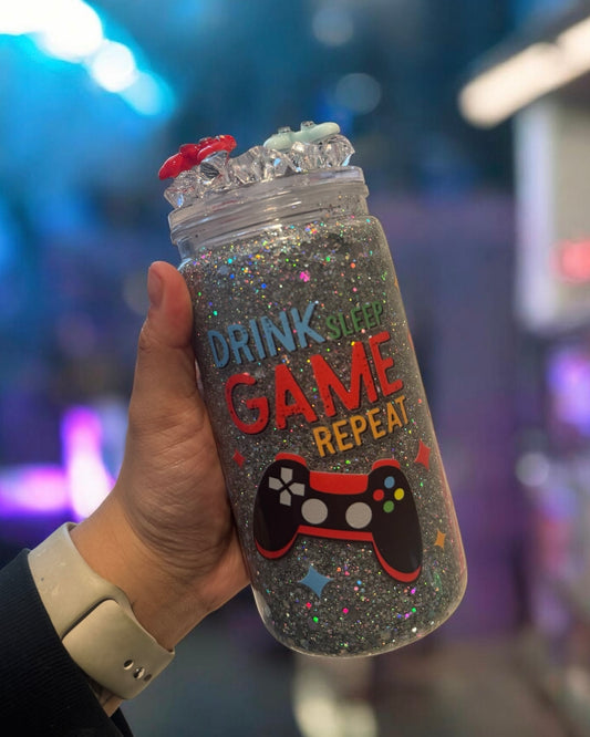 Drink Sleep Game Repeat 16oz Glitter Snowglobe