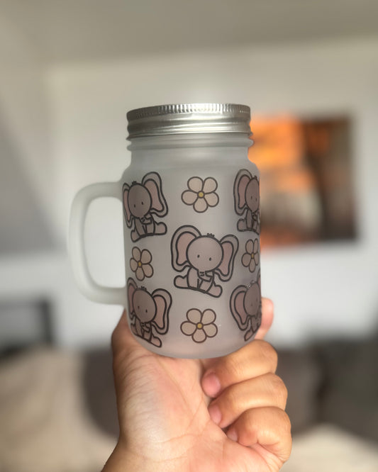 Cutesy Elephants 16oz Mason Jar Glass
