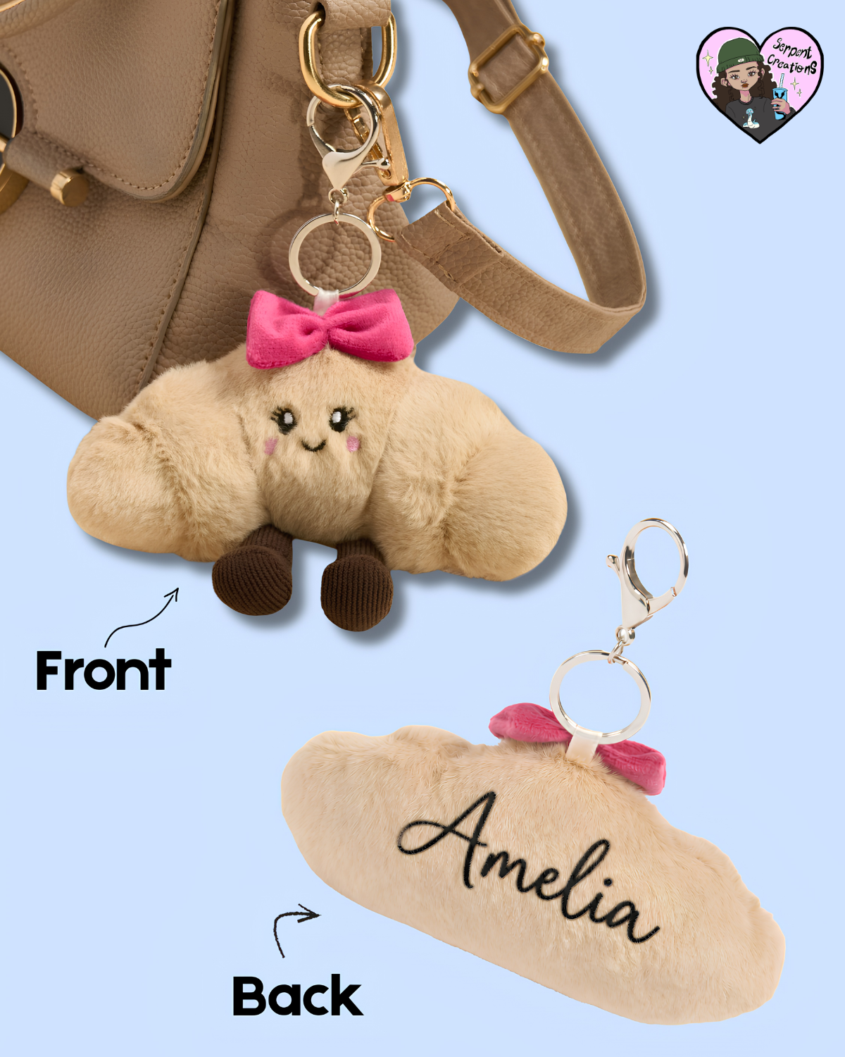 Personalised Bow Croissant Plush Keyring